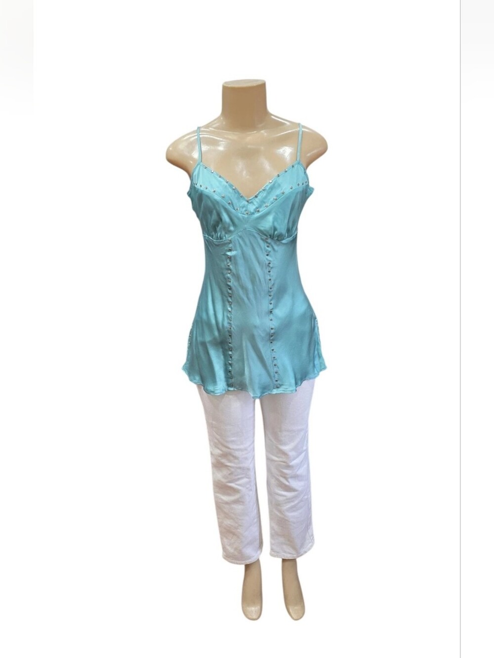 ​Vtg To The Max 100% Silk Studded Cami Tank Top Light Blue Y2K Small